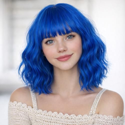 50% Off Blue Bob Wig with Bangs - Heat Resistant Synthetic