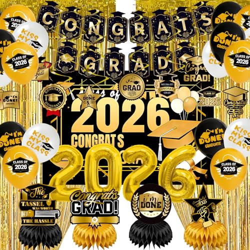 Complete Black & Gold Graduation Party Decor Kit