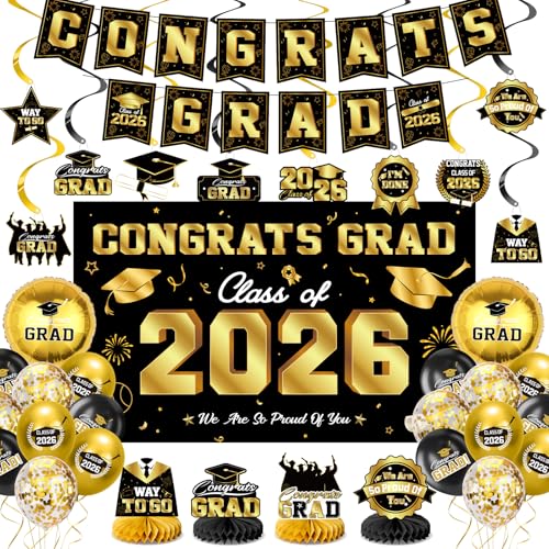 Save 30% on Black & Gold Class of 2026 Graduation Decor Set
