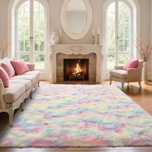 Save 55% on a 6x9 Fluffy Rainbow Area Rug for Bedroom & Living Room