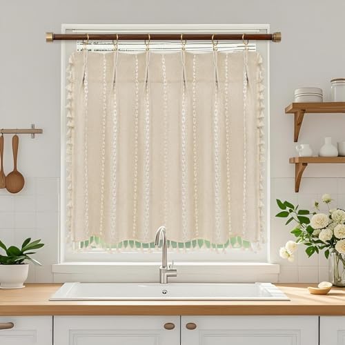 50% Off Beige Boho Farmhouse Window Curtain with Tassels