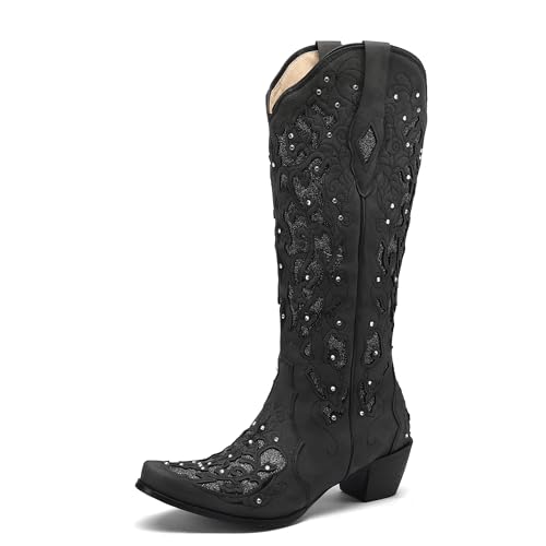 50% Off SaraIris Black Rhinestone Cowgirl Boots with Chunky Heel