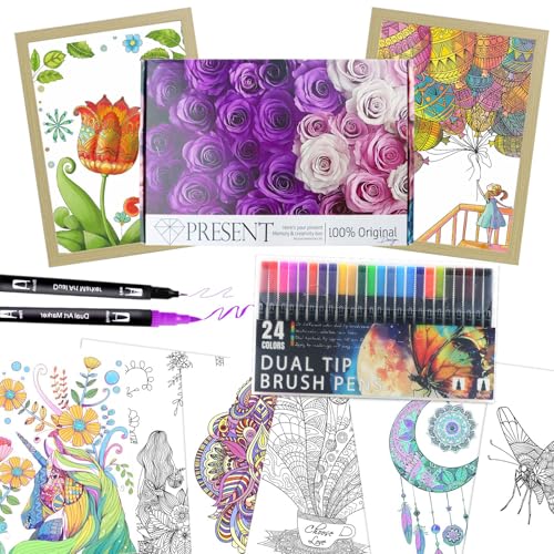 Adult Coloring Book Kit with 24 Markers & Frames - 30% Off