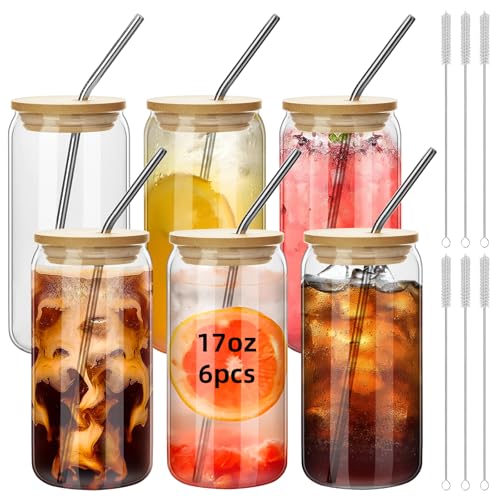 6-Piece Glass Cup Set with Bamboo Lids and Straws