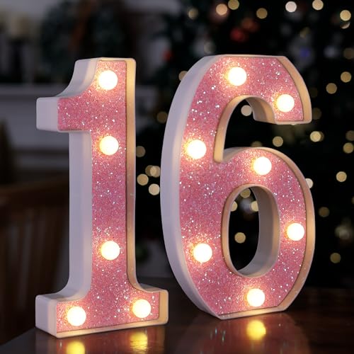 50% Off Pink Glitter 16 LED Light Up Numbers for Sweet 16