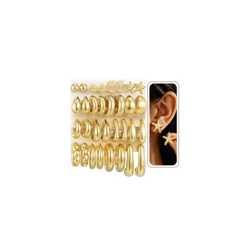 36% Off 16 Pairs Starfish Gold Hoop Earrings Set for Women