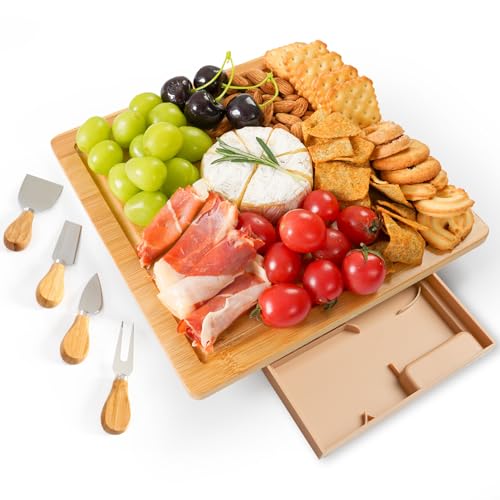 Bamboo Charcuterie Board Set with Drawer - Great Gift