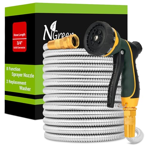 25FT Stainless Steel Garden Hose with 8-Pattern Nozzle - $32.98