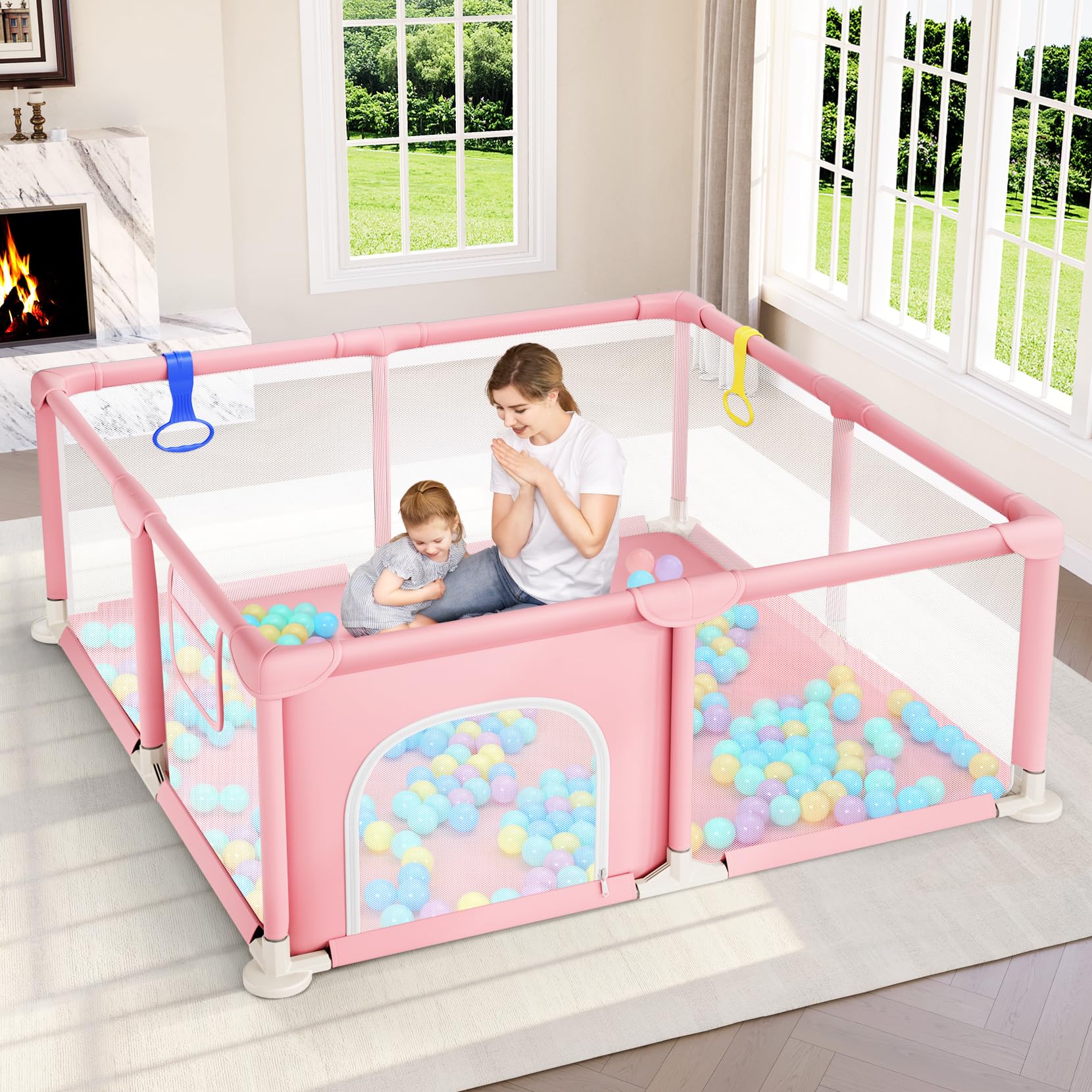 Dripex Corralito para bebés, corralito pequeño de 52×52 pulgadas para bebés, corralito de juegos de seguridad mejorada para interior y exterior, corralito para bebés con malla visible suave y