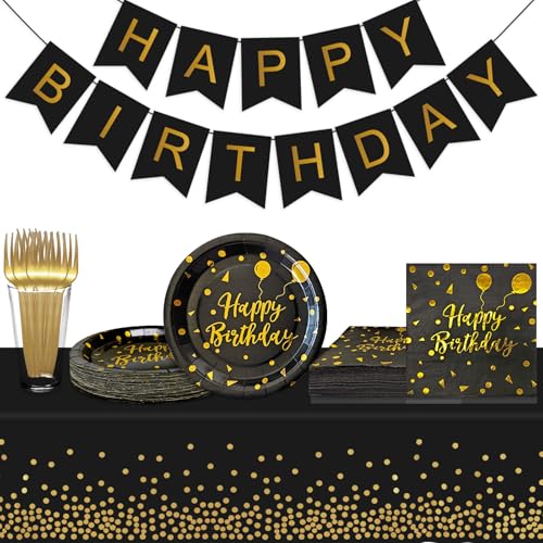 30% Off Black Gold Birthday Party Plates Set for 35 Guests