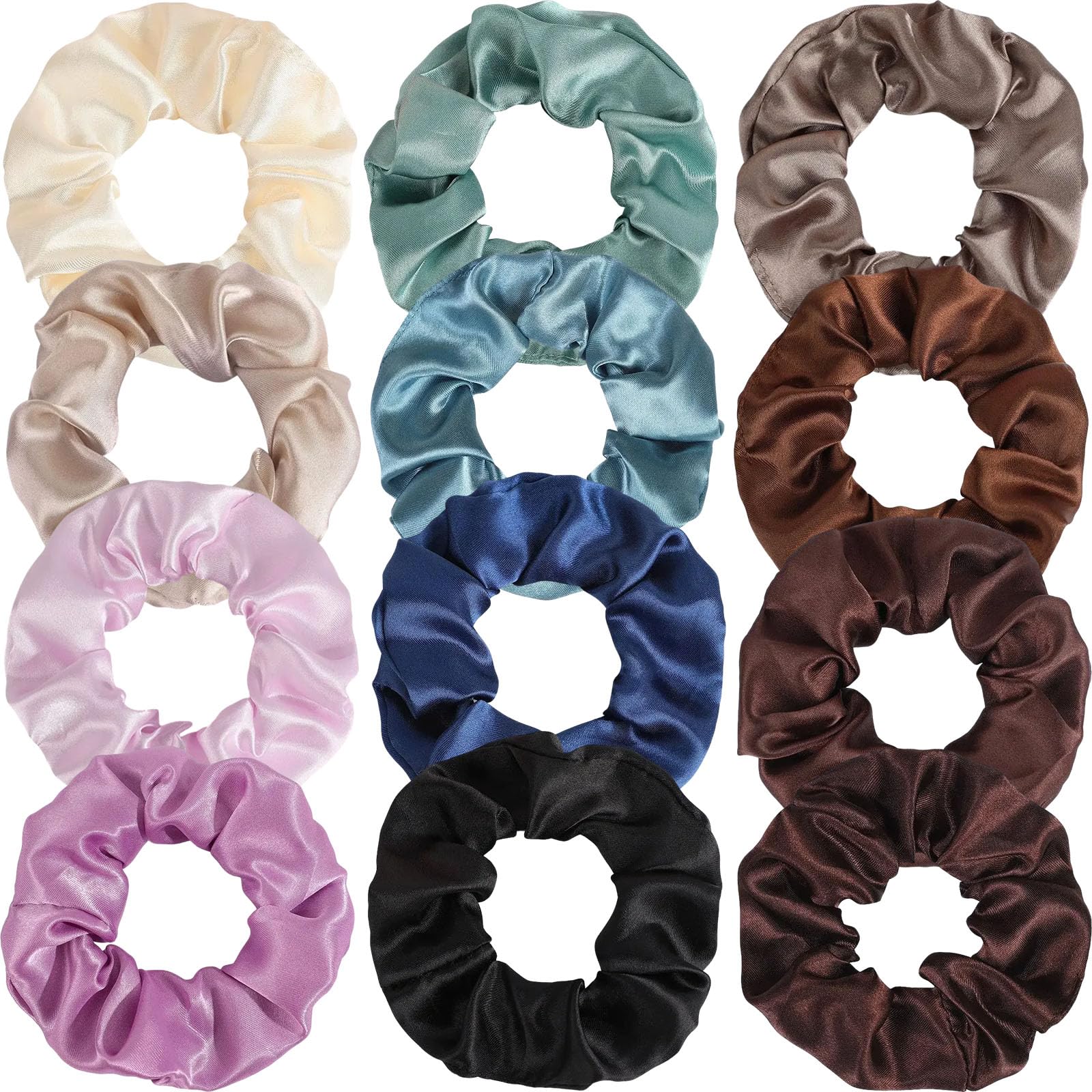 12 Satin Silk Scrunchies - Soft Hair Ties, 12 Colors