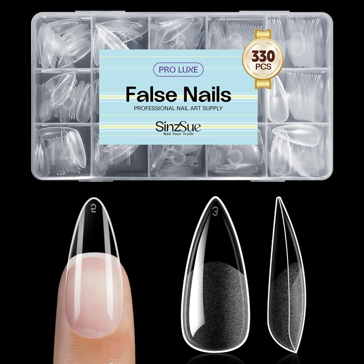 330pcs Medium Stiletto Nails – 15 Sizes, Pre-Filed