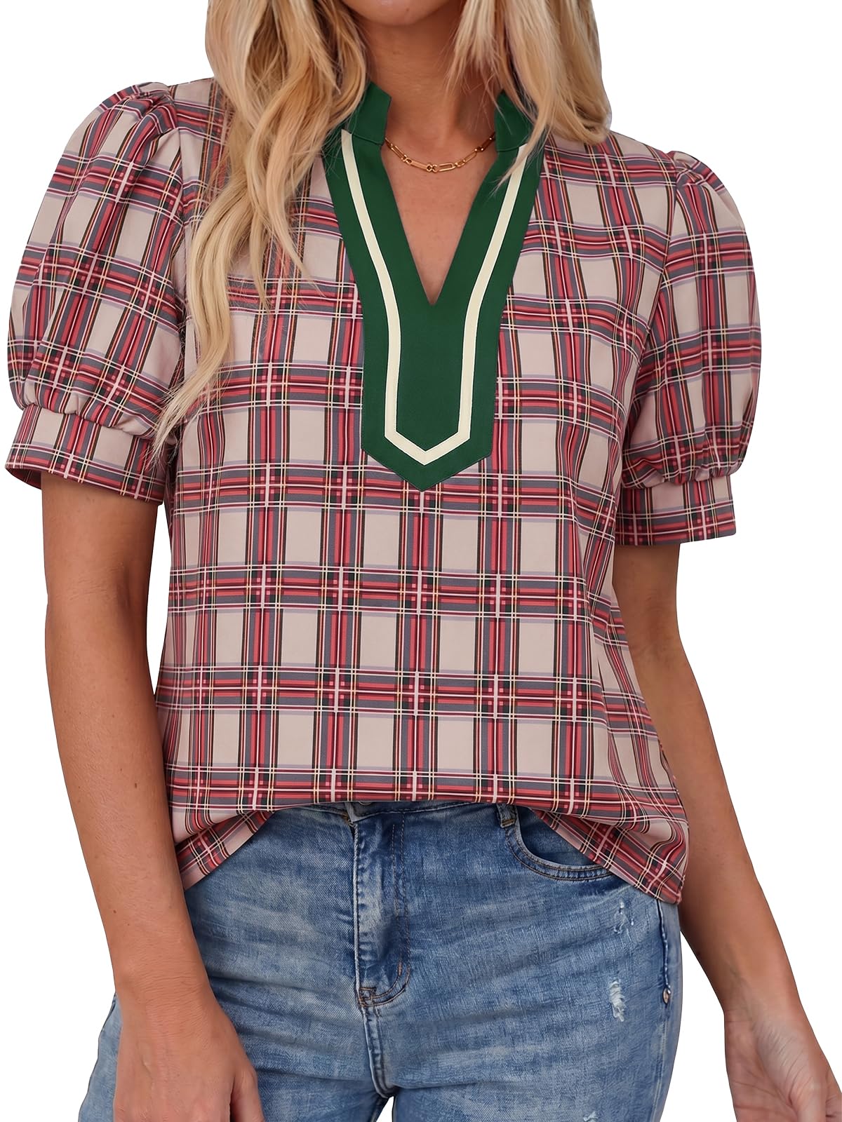 50% Off Tankaneo Women's Puff Sleeve Plaid Blouse - Image 1