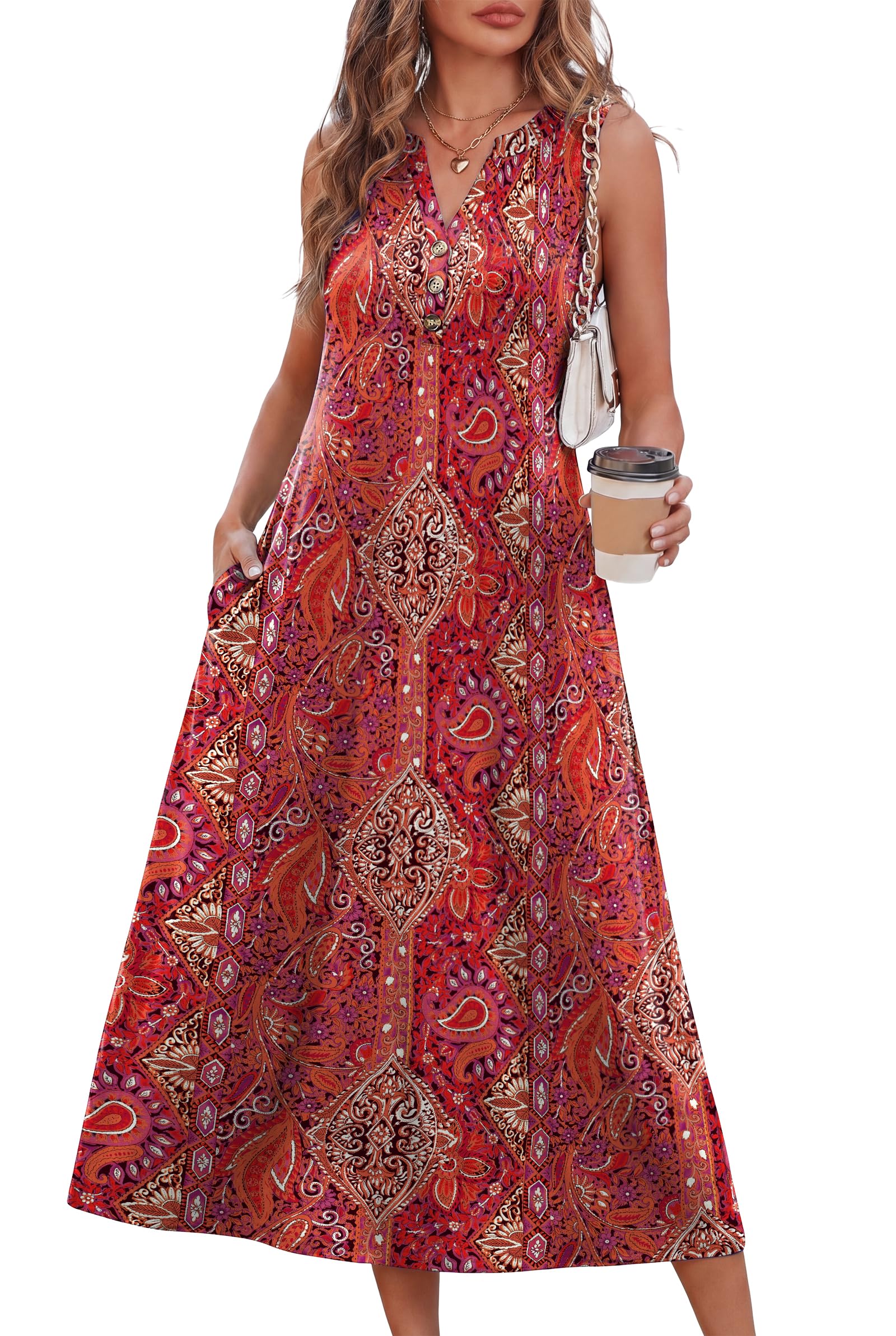 OFEEFAN Sleeveless Midi Sundress with Pockets at 50% Off