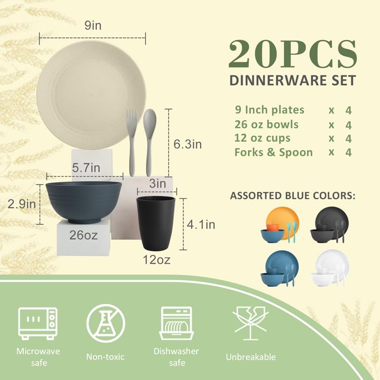 Wrova 20-Piece Wheat Straw Dinnerware Set – Great Value - Image 3
